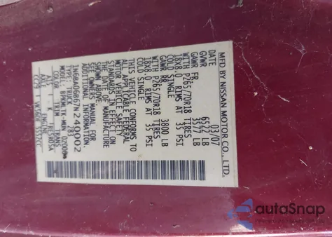 2007 Nissan Titan Se z USA, uszkodzony, nr VIN 1N6BA06B67N240002